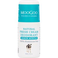 MooGoo Fresh Cream Deodorant Lemon Myrtle 60ml, white bottle with turquoise cap and label, features cow illustration.