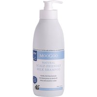 MooGoo Milk Shampoo 500ml bottle with pump, white label, blue accents, and cow illustration.
