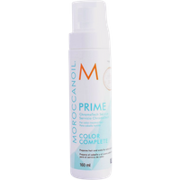 White cylindrical bottle of Moroccanoil Colour Complete Primer, 160ml, with turquoise and orange text.