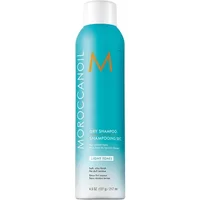 Aqua blue Moroccanoil dry shampoo bottle with orange logo and white cap, labeled "Light Tones," 205ml size.