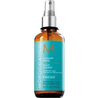Amber bottle of Moroccanoil Glimmer Shine Spray, turquoise label, silver spray nozzle, 100ml size.