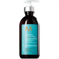 Brown bottle of Moroccanoil Hydrating Styling Cream 300ml with turquoise label and white pump dispenser.