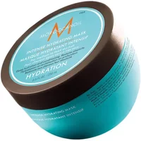Aqua blue Moroccanoil Intense Hydrating Mask jar with black lid and orange logo, 250ml size.