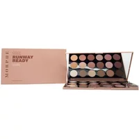 Morphe Runway Ready Artistry Palette 18r with 18 shades in a sleek pink case, includes mirror and diverse color range.