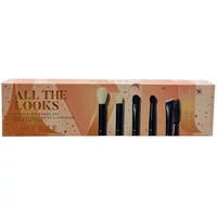 Morphe Vegan Pro Eye Brush Set, 5 black-handled brushes in a pink and gold speckled box with "All The Looks" text.