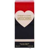 Red and black Moschino Cheap & Chic Eau de Toilette box with white heart design, 30ml size.