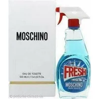 Moschino Fresh Couture Eau De Toilette 100ml, spray bottle shaped like a cleaner, blue liquid, white and red label.