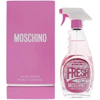 Pink Moschino Fresh Couture Eau De Toilette, spray bottle resembling a cleaner, with matching pink box.
