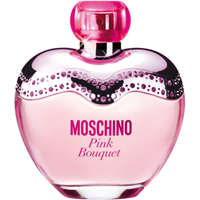 Pink heart-shaped Moschino Pink Bouquet Eau de Toilette bottle with silver accents and pink cap.