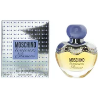 Moschino Toujours Glamour Eau De Toilette 30ml with blue cap, heart-shaped bottle, and dotted silver box.