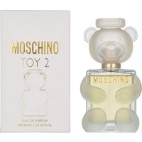 Clear teddy bear-shaped bottle with gold Moschino Toy 2 text, paired with matching white box.