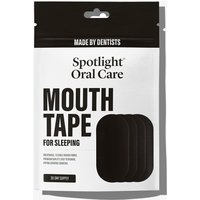 Black and white Spotlight Oral Care Mouth Tape pack with bold text and four black tape strips shown.