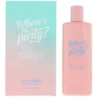 Pink Mr Wonderful Eau De Toilette bottle with blue text, next to matching gradient box with "Where's The Party?" design.