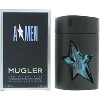 Black Mugler A*Men Eau De Toilette bottle with blue star design, next to matching box with silver and blue text.