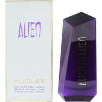 Purple Mugler Alien Body Lotion 200ml in a faceted bottle with gold text, next to a white box with purple branding.