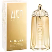 Gold Mugler Alien Goddess Eau De Parfum 90ml bottle with crystal-like cap and matching gold packaging.