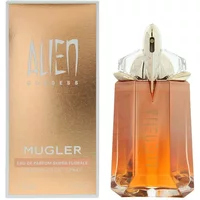 Mugler Alien Goddess Supra Florale Eau De Parfum 60ml, amber bottle with gold cap, next to matching box.