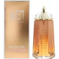 Mugler Alien Goddess Supra Florale Eau De Parfum 90ml, amber bottle with gold cap, next to matching box.