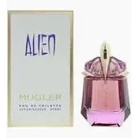 Purple Mugler Alien Women Eau De Toilette 30ml bottle with gold cap, next to white box with purple and gold text.