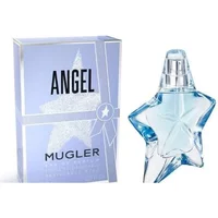 Star-shaped blue Mugler Angel Eau De Parfum bottle with matching box featuring a silver star design.