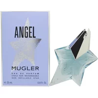 Mugler Angel Eau De Parfum 25ml, star-shaped blue bottle with silver cap, next to a blue box with silver star design.