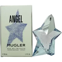 Star-shaped glass bottle of Mugler Angel Eau De Toilette 50ml with blue box featuring a glittery star design.