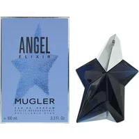 Mugler Angel Elixir Eau De Parfum 100ml in dark blue star-shaped bottle with matching blue box.