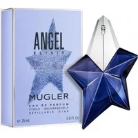 Blue star-shaped Mugler Angel Elixir Eau De Parfum 25ml bottle with silver cap, next to matching box.