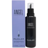 Mugler Angel Fantasm Eau De Parfum 100ml refill, sleek black bottle with clear cap, next to purple box.
