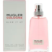 Mugler Cologne Blow It Up Eau De Toilette 100ml, pink liquid in clear rectangular bottle with silver cap, box beside.