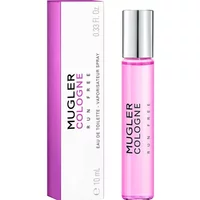 Mugler Cologne Run Free Eau De Toilette 10ml, pink glass bottle with silver cap, next to matching pink box.