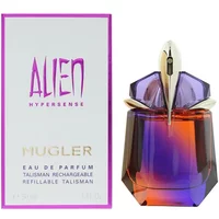 Mugler Hypersense Eau De Parfum 30ml, purple and amber geometric bottle with silver cap, next to branded box.