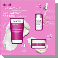 Murad Hydrate Trial Kit with pink packaging, includes cleanser, serum, and moisturizer for radiant hydration.
