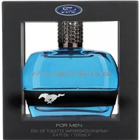 Mustang Blue Eau De Toilette 100ml, blue glass bottle with silver cap, black band featuring Mustang logo.