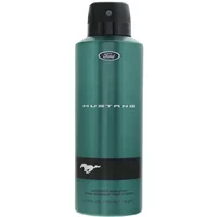 Green Mustang body spray can, 130g, with black cap and white logo featuring a running horse.