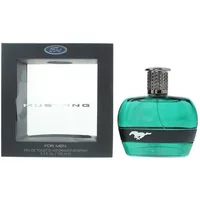 Mustang Green Eau De Toilette 100ml, green bottle with black band, silver cap, and Mustang logo, next to black box.