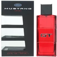 Red rectangular Mustang GT Eau De Toilette bottle with black cap, next to black box with clear window.