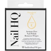 Nail HQ acetone-free nail polish remover wipes, 10 count, in a white and black box with Vitamin E formula label.