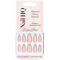 Nail HQ Almond Glossy French Nails x24, almond shape, glossy finish, pinkish hue, includes glue.