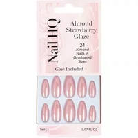 Nail HQ Almond Strawberry Glaze Nails x24, pink almond-shaped nails in graduated sizes, includes glue.