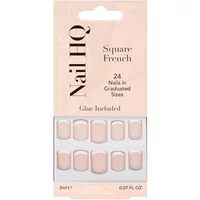 Nail HQ Square French Nails x24, pink base with white tips, in a peach packaging with glue included.