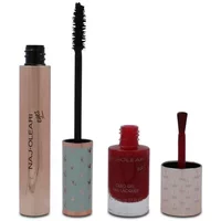 Naj Oleari set with rose gold mascara, red nail lacquer, and a pink pouch with floral accents.