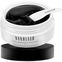 Nanolash Collagen Eye Patches in white jar with black gel and white applicator on black base.