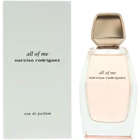 Clear glass bottle with pink perfume, gold cap, and "all of me" by Narciso Rodriguez label, 90ml eau de parfum.