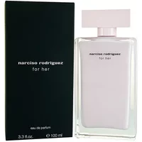 Pink Narciso Rodriguez For Her Eau De Parfum bottle with black box, 100ml, minimalist design.