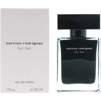 Black Narciso Rodriguez For Her Eau De Toilette bottle, 30ml, with minimalist white text, next to a matching box.