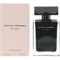 Black Narciso Rodriguez For Her Eau De Toilette bottle, 50ml, with pink box and minimalist design.