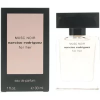 Clear glass bottle with black cap, labeled "Musc Noir Narciso Rodriguez For Her," next to a black and pink box.