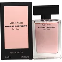 Pink Narciso Rodriguez For Her Musc Noir Eau De Parfum 50ml bottle with black cap, next to matching box.