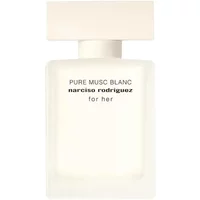 White rectangular bottle of Narciso Rodriguez For Her Pure Musc Blanc Eau De Parfum Intense, black text.